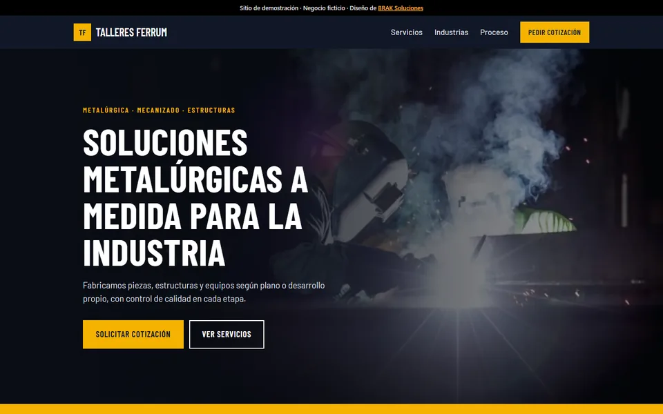 Demostración: sitio web de una metalúrgica, en grafito y amarillo de seguridad